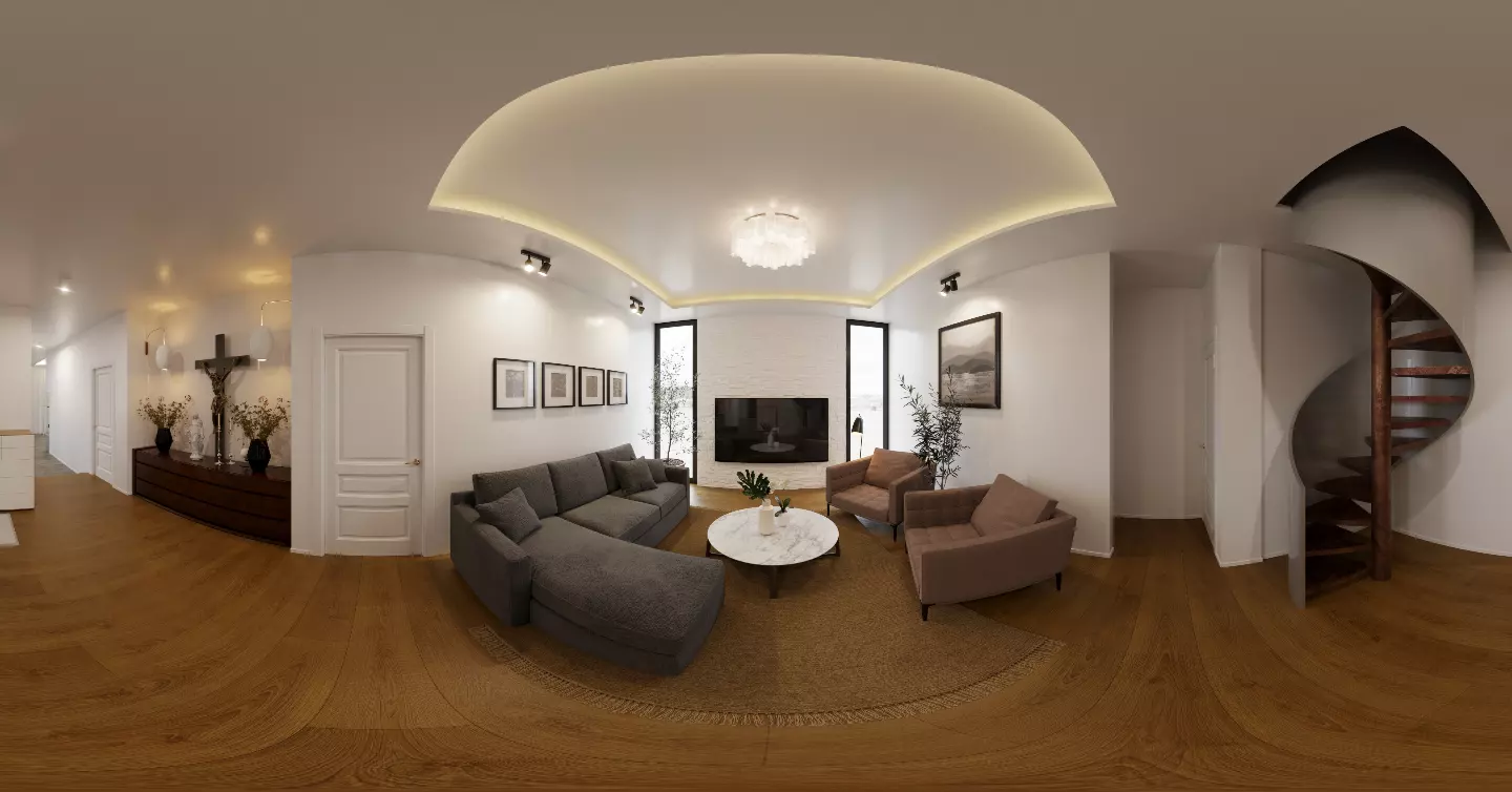 360-degree panorama of a living room with a grey sectional, cove-lit ceiling and a spiral staircase