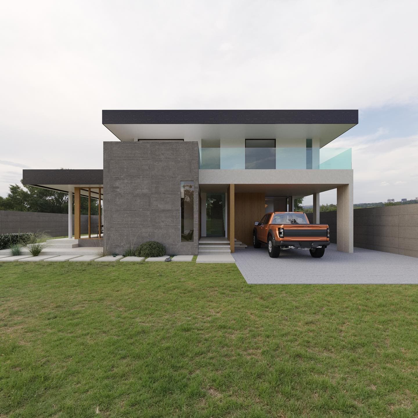 Two-storey modern villa with a board-formed concrete volume, glass balcony and carport, set behind a lawn